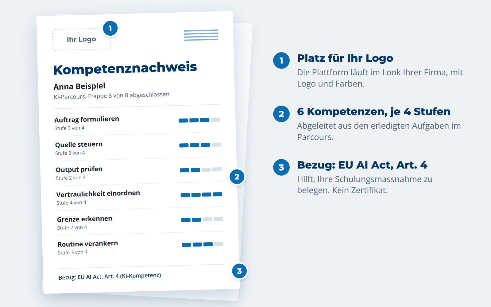 Kompetenznachweis als PDF: sechs Kompetenzen in je vier Stufen, abgeleitet aus den erledigten Aufgaben